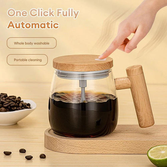 Wooden Design Automatic Self-Stirring Coffee Mug – One Click Electric Mixing Glass Cup