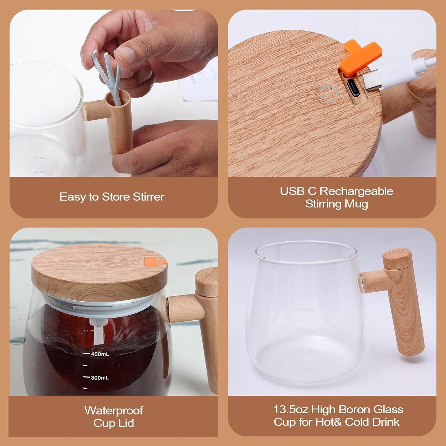 Wooden Design Automatic Self-Stirring Coffee Mug – One Click Electric Mixing Glass Cup