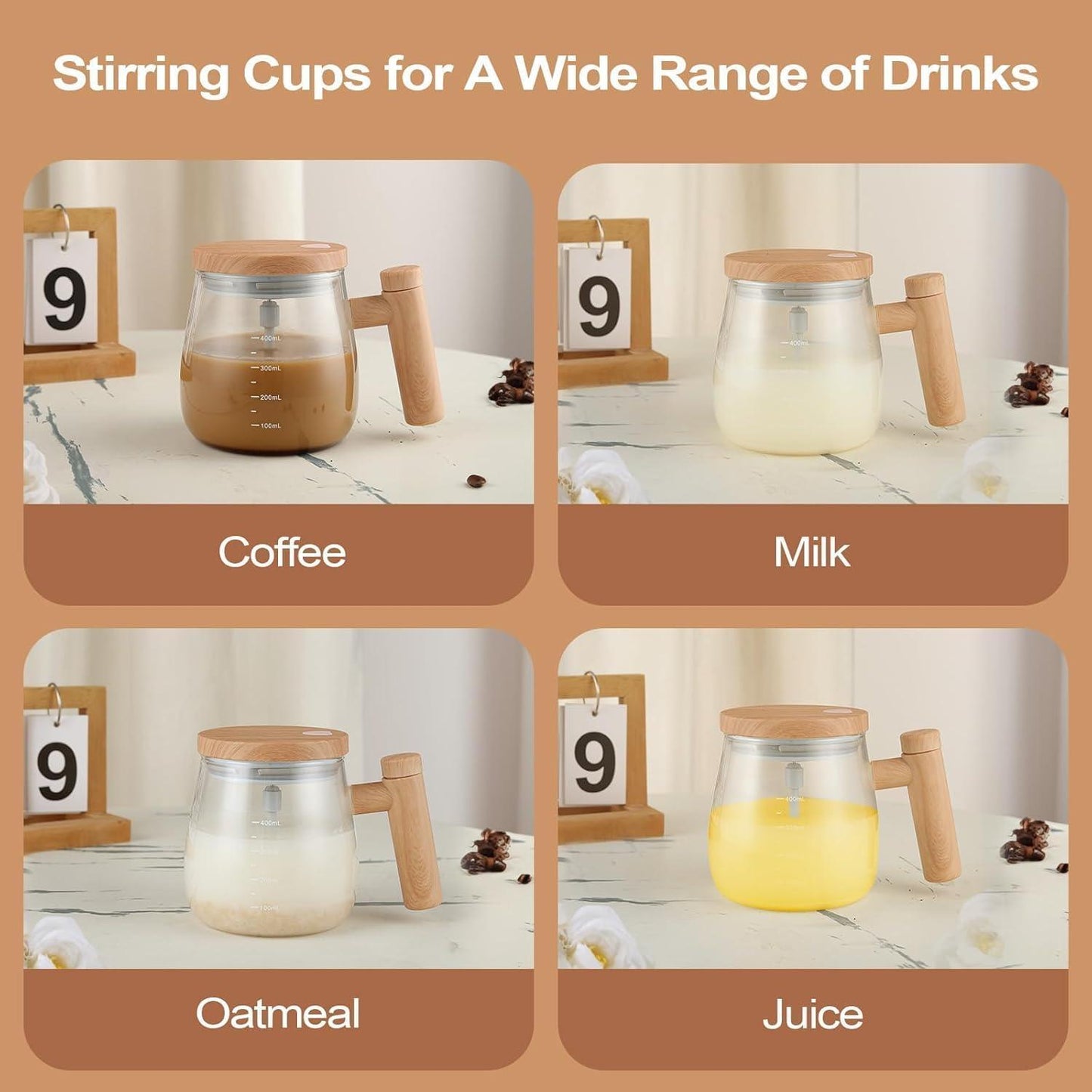 Wooden Design Automatic Self-Stirring Coffee Mug – One Click Electric Mixing Glass Cup